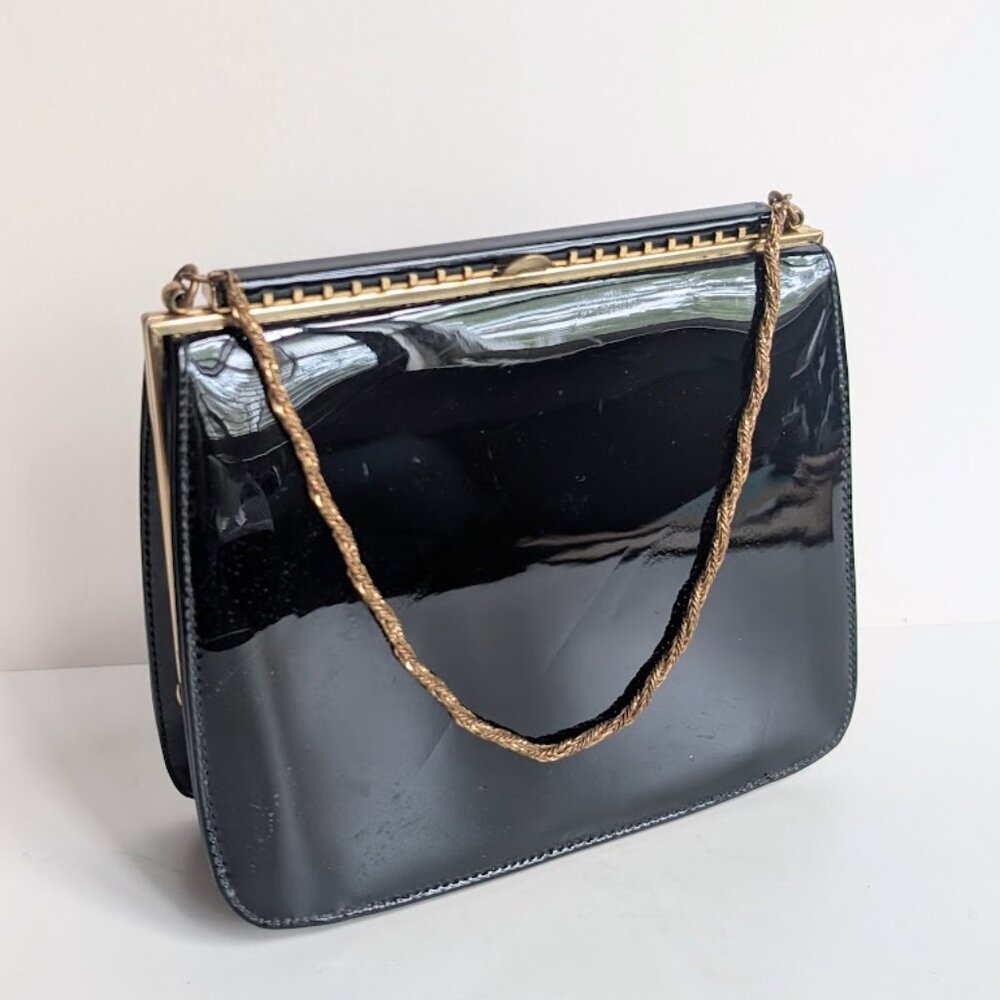 Nicholas Reich Black Patent Leather Vintage Snap Lock Purse with Chain Handle